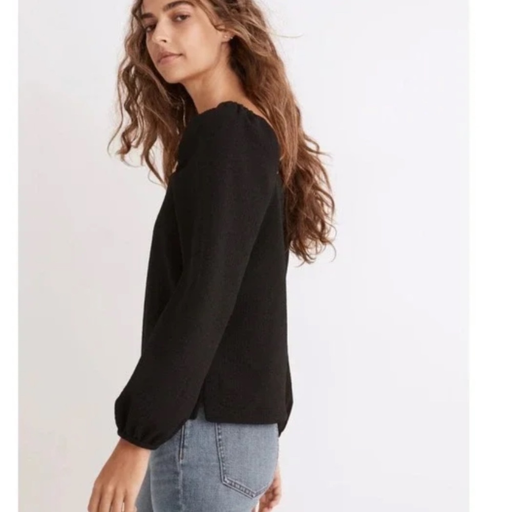 Madewell Crepe Square-Neck Puff-Sleeve Long Sleeve Top True Black Size Small - Picture 2 of 8
